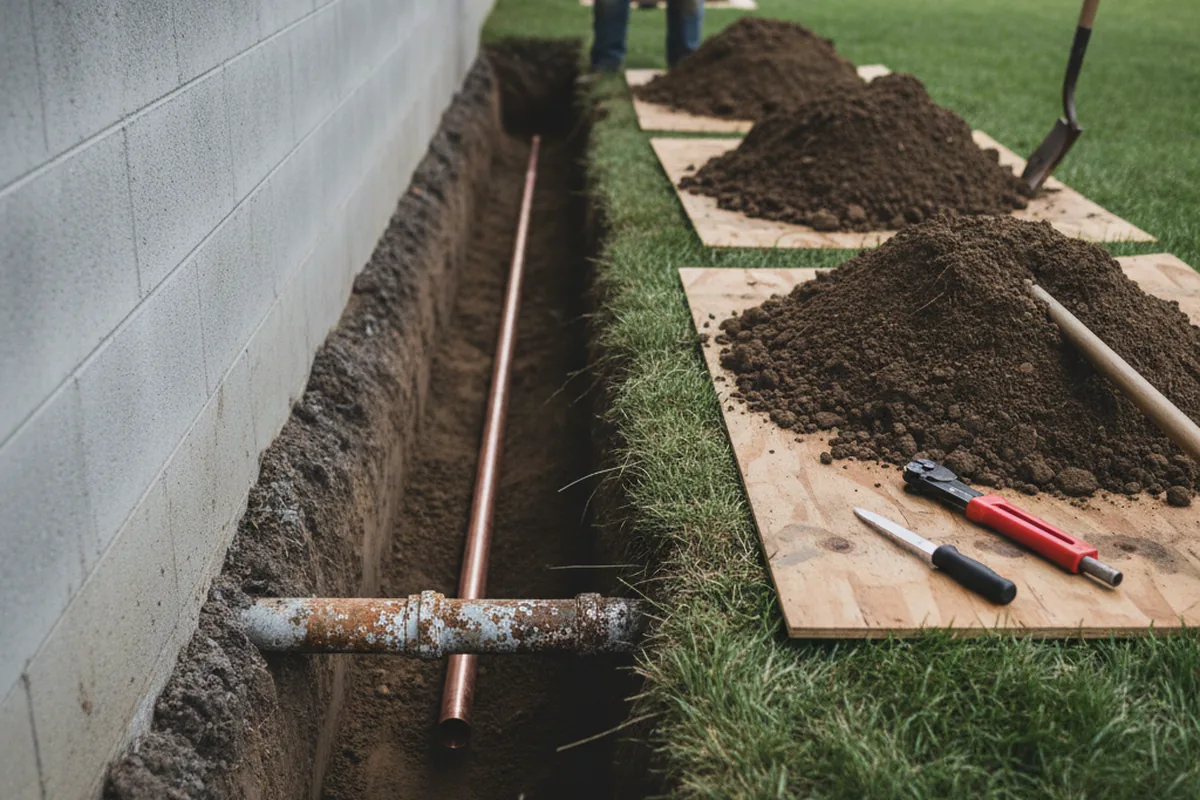 Excavated water line trench during Sewer Line Repair in Somerset